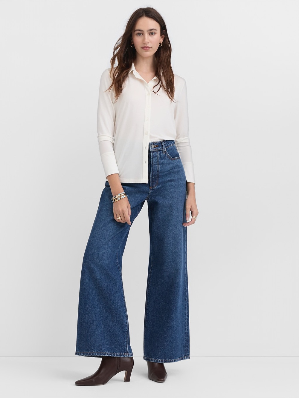 Rivete Petite High Rise Relaxed Wide Leg Jeans In Dark Blue 26